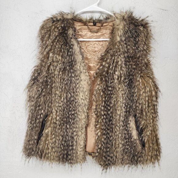 Express Faux Fur Vest Brown Tan Beige Faux Leather Trim Pockets Size Large - Picture 1 of 6